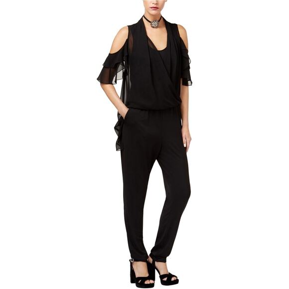 Kobi Halperin Women's Black Cold-Shoulder Wrap-Front Jumpsuit Romper Chiffon XS - Picture 1 of 12